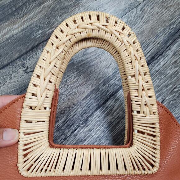 Circular Vegan Leather Rattan Handle Crossbody Bag Boho Chic Purse - Picture 3 of 10